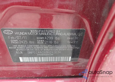 2011 Hyundai Sonata Se из США, поврежденный, VIN 5NPEC4AC6BH242634